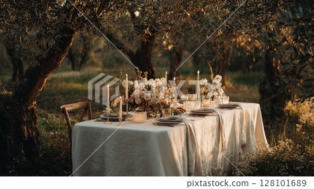 An exquisite outdoor dinner party illuminated by candlelight in a serene olive grove setting. 128101689