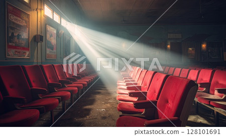 Dramatic light illuminates rows of red seats in an abandoned cinema 128101691