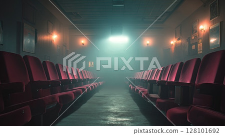 A mysterious and empty movie theater with red velvet seats and dim lighting. 128101692