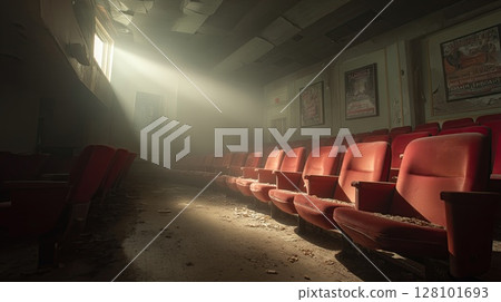 Sunlight streams into an old, abandoned theater, illuminating the red seating. 128101693