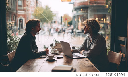 Two men share ideas and plans over coffee in a cozy cafe setting, discussing work 128101694