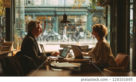 Two people collaborate over laptops in a sunny cafe, discussing ideas. 128101695