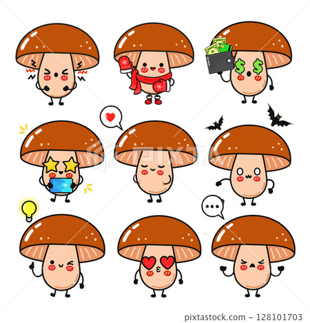 Cute cartoon mushrooms with various expressions, perfect for fun designs and playful concepts. Cute cartoon mushrooms with various expressions, perfect for fun designs and playful concepts. 128101703