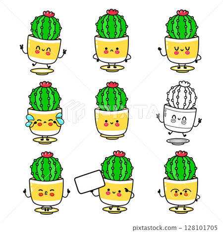 These adorable cartoon cactus characters showcase a variety of emotive expressions, perfect for conveying feelings. 128101705