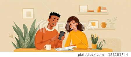 Couple reviews their finances at home with smartphone and documents. 128101744