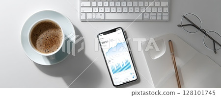 A modern workspace with a smartphone displaying a financial chart, coffee, and glasses A modern workspace with a smartphone displaying a financial chart, coffee, and glasses 128101745