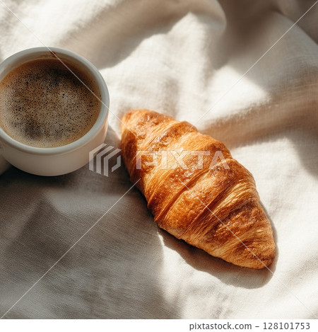 Coffee and a croissant create a perfect morning breakfast on a table. 128101753