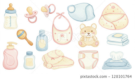 Illustration set of cute baby goods 128101764