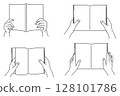 Set of hands holding books, line drawings only 128101786