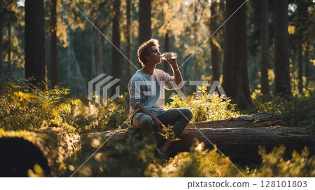 Man enjoys a moment of refreshment and peace in a sun-drenched forest setting. Man enjoys a moment of refreshment and peace in a sun-drenched forest setting. 128101803