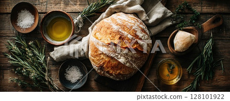 Freshly baked bread with olive oil and herbs on a wooden table. 128101922