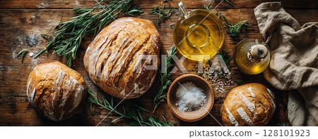 Delicious homemade bread, herbs, olive oil, and salt on a wooden table, ready to eat. Delicious homemade bread, herbs, olive oil, and salt on a wooden table, ready to eat. 128101923