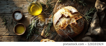 Delicious rustic bread with fresh rosemary and olive oil on a wooden table. Delicious rustic bread with fresh rosemary and olive oil on a wooden table. 128101924
