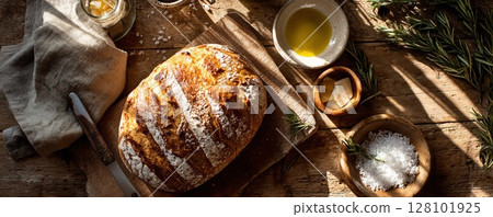Artisan bread with fresh herbs and ingredients on a rustic wooden table. Artisan bread with fresh herbs and ingredients on a rustic wooden table. 128101925