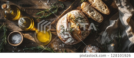 Freshly baked artisan bread with olive oil, herbs, and sea salt on a rustic wooden table. 128101926