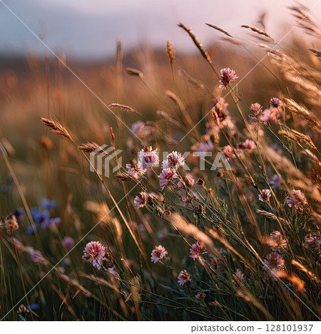 Delicate wildflowers bask in the warm glow of the sunset, creating a serene scene. 128101937