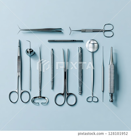 Surgical instruments meticulously arranged on a light blue surface for professional use and healthcare. Surgical instruments meticulously arranged on a light blue surface for professional use and healthcare. 128101952