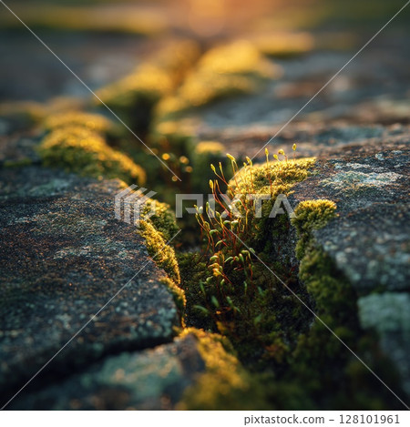 Vibrant green moss thrives in a rock crevice, catching the warm glow of the sun. Vibrant green moss thrives in a rock crevice, catching the warm glow of the sun. 128101961