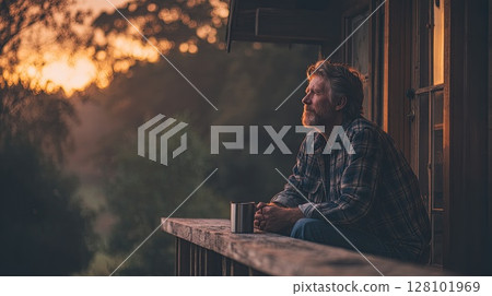 Man enjoying the sunset with a cup of coffee on a wooden porch 128101969