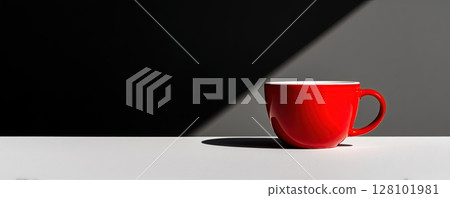 A striking red mug against a contrasting black and white background, minimalist and stylish. 128101981