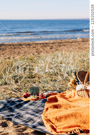 Autumn picnic on beach by sea. Fresh fruits, wine glasses, bottle, grapes, pomegranate near picnic basket on orange blanket. High quality photo 128102026