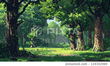 Forest pixel art, big trees, green grass, retro design, bold style. Clean palette suits vintage game charm. 128102060