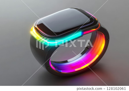 Smartwatch with glossy black screen and glowing rainbow light band. Futuristic digital gadget design on grey background, 3D 128102061