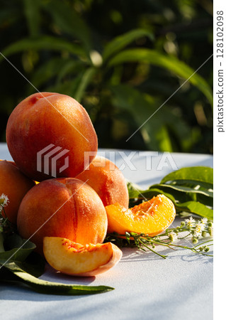 Still Life Of Ripe Peaches And Nectarine.healthy Harvest From Home Rustic Garden 128102098