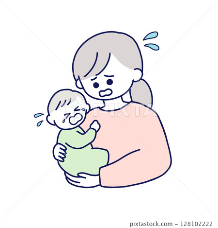A woman in trouble holding a crying baby A woman in trouble holding a crying baby 128102222
