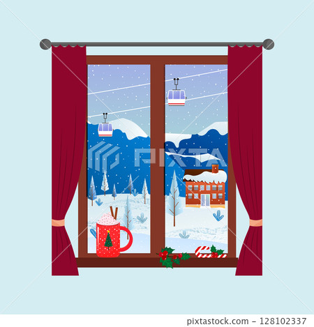 Window view of winter mountain landscape with snow, trees, and ski lift. Hot drink, holly, and candy cane decorations for Christmas. 128102337
