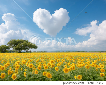 Heart clouds floating in the blue sky and summer sunflowers Heart clouds floating in the blue sky and summer sunflowers 128102347