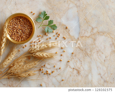 Natural food background using grains and wheat 128102375