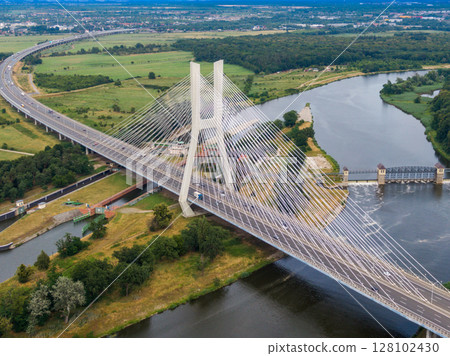 Aerial view of Most Redzinski bridge over Oder river in Wroclaw, Poland. 128102430
