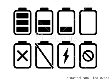 Battery level icon set of 8 types, charging, battery display 128102634