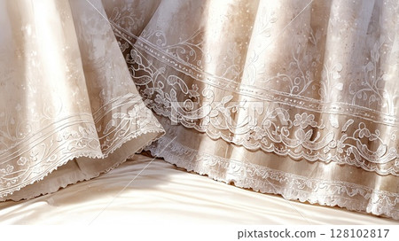 The hem of an elegant wedding dress with ruffles and floral embroidery 128102817