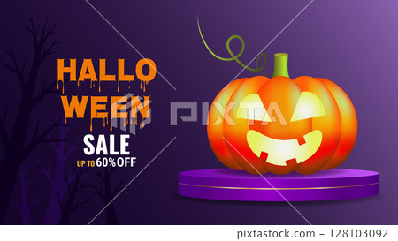 Halloween sale promo banner template offer design. Festive creepy design poster website. Vector illustration. Halloween sale promo banner template offer design. Festive creepy design poster website. Vector illustration. 128103092