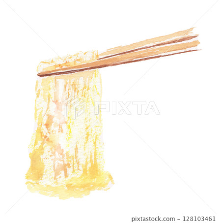 水彩畫描繪了從鍋中撈出的腐竹——一種光滑細膩的日本食物 128103461