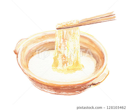 Watercolor illustration of yuba being pulled out of a pot - a smooth and delicate Japanese food 128103462