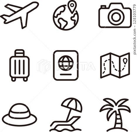 Icon travel pictogram decoration silhouette line simple illustration material set Icon travel pictogram decoration silhouette line simple illustration material set 128103779