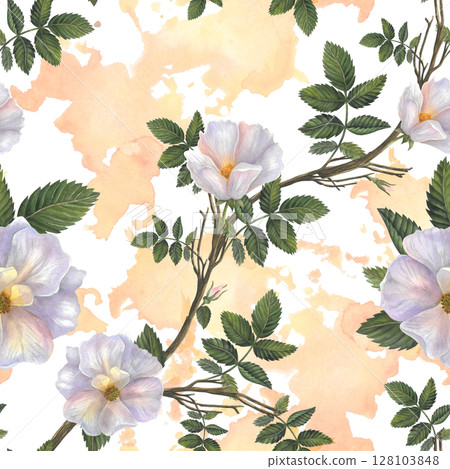 Flowers and branches with leaves rose hips. Seamless pattern on a watercolor background for fabric, textile, prints, design Flowers and branches with leaves rose hips. Seamless pattern on a watercolor background for fabric, textile, prints, design 128103848