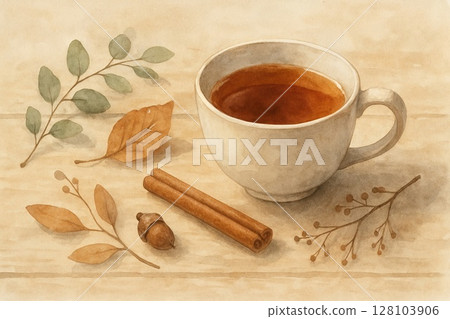 Autumn tea time and nuts still life 128103906