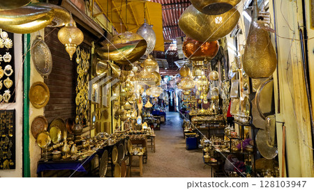 Morocco, Marrakech, old medina, brass souk Morocco, Marrakech, old medina, brass souk 128103947