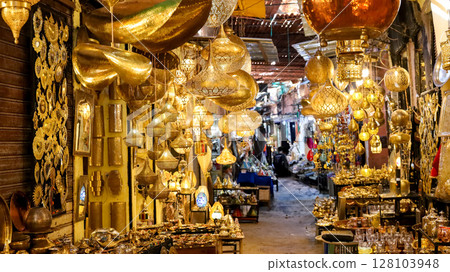 Morocco, Marrakech, old medina, brass souk Morocco, Marrakech, old medina, brass souk 128103948