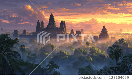 Angkor Wat and the ancient temples emerging from the morning mist - A magical dawn 128104059