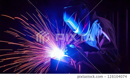 Image of welding work in a factory 16:9 size AI-generated material 128104074