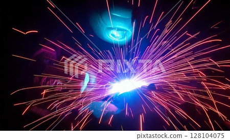 Image of welding work in a factory 16:9 size AI-generated material 128104075