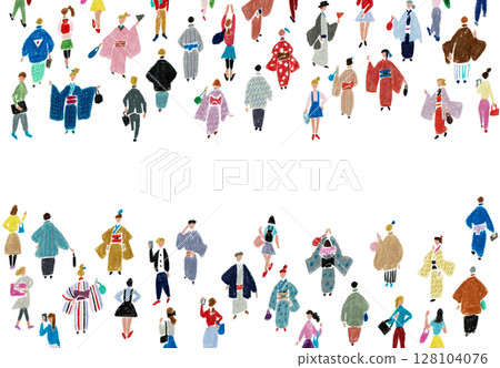 Hand-drawn illustration: Frame of people walking in kimonos 128104076