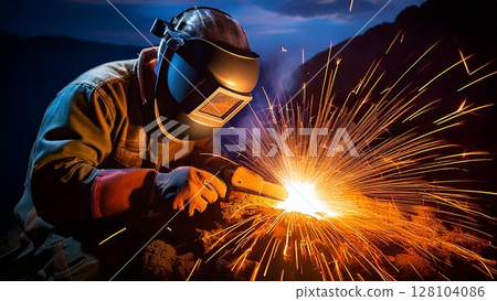 Image of welding work in a factory 16:9 size AI-generated material 128104086