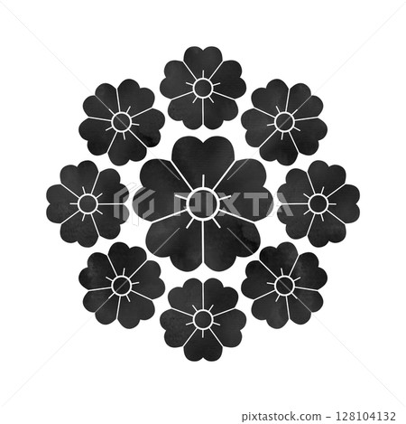 Family crest "Kuyo Sakura" illustration | Watercolor style, black base, Japanese pattern, traditional Japanese pattern 128104132