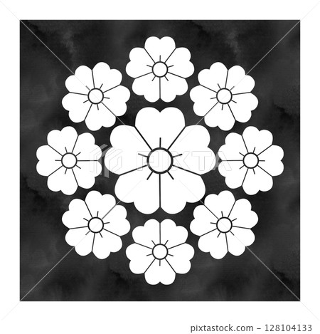 Family crest "Kuyo Sakura" illustration | Watercolor style, white outline, black square background, Japanese pattern, traditional Japanese pattern 128104133